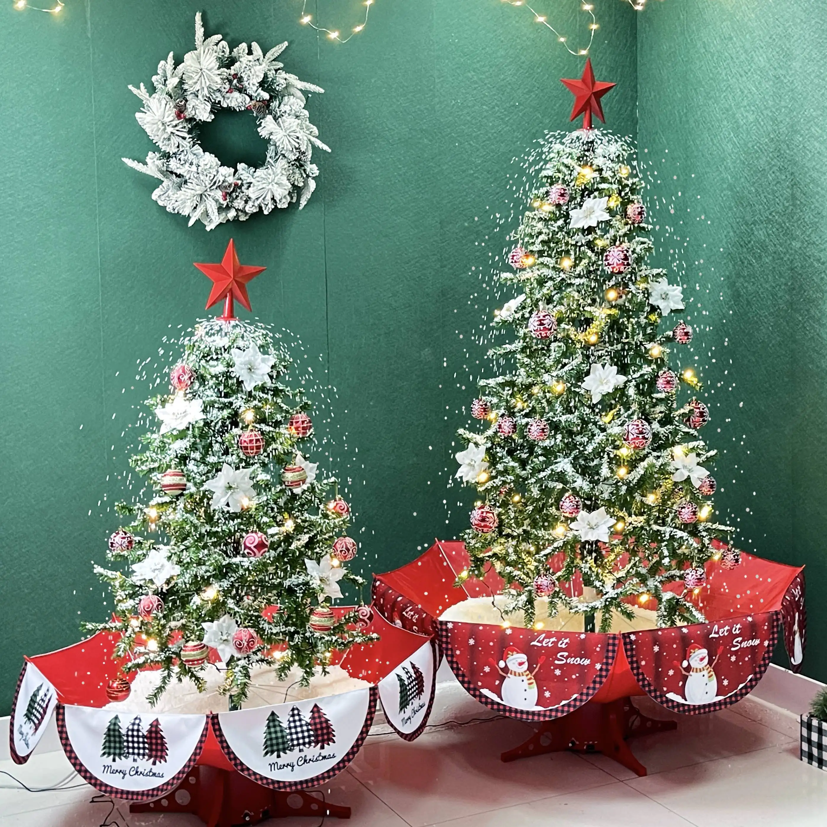 Indoor Christmas Tree Mall Decoration 1.9m lighted artificial green Large Snowing Christmas Tree With Umbrella Base