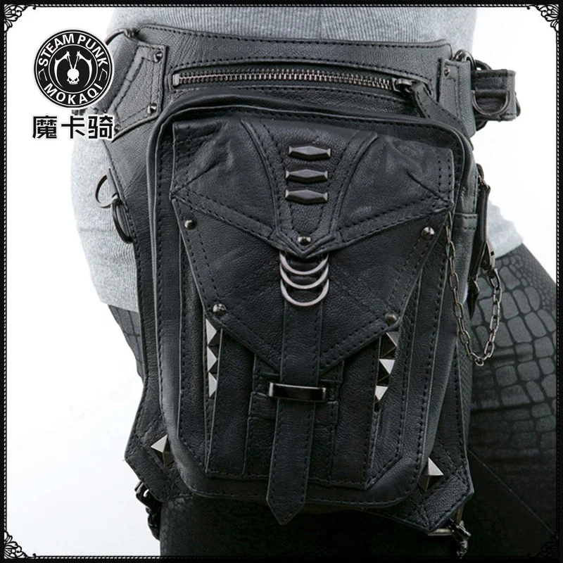 Steampunk Retro Shoulder Bag black Gothic Leather Backpack Women Motorcycling Waist Leg Bag