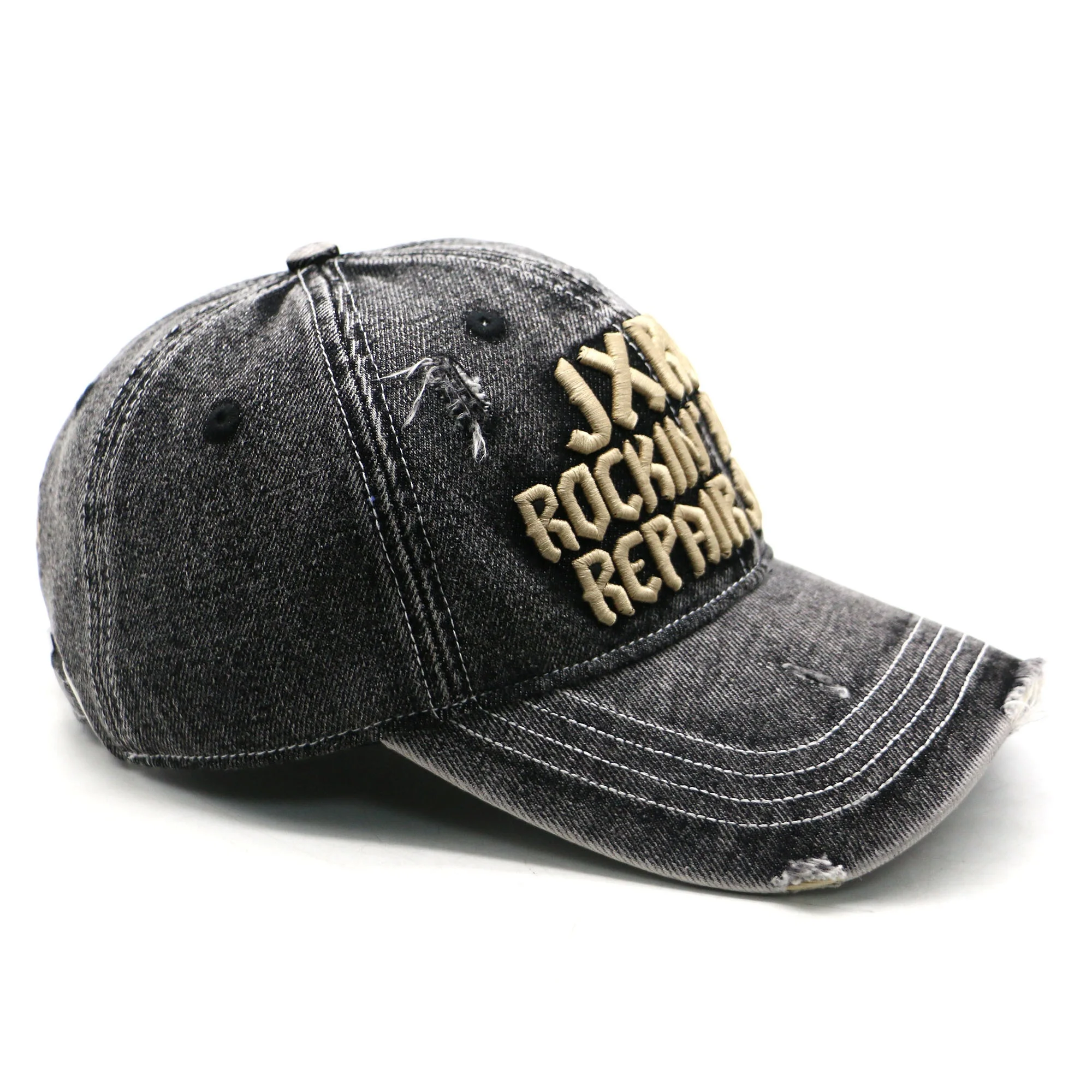 washed denim distressed 6 panel baseball hats curved brim adjustable strap with custom tag