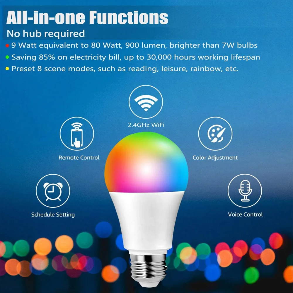 Fxpot Smart Alexa Led Light Hot Sale Wireless Tuya E27 Color Change Led Remote App Control Smart RGB WIFI Light Bulb