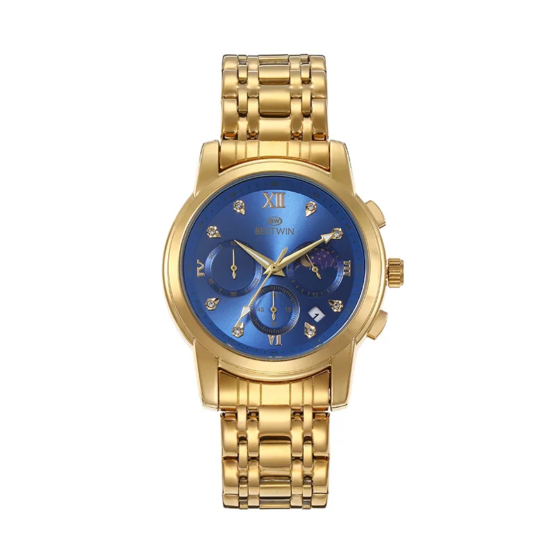 BESTWIN watch High Quality Top Brand Luxury Stainless Steel Quartz Moon Phase Movement Business Watches Men 30M  wrist watch