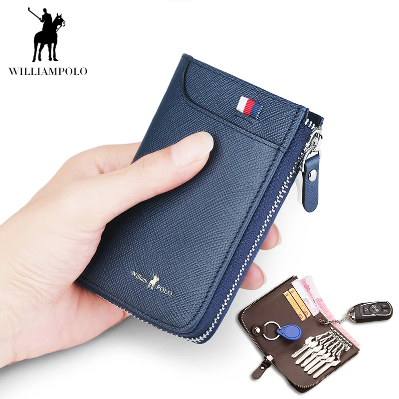 WilliamPOLO Genuine Leather Key Case Wallet Keychain Organizer Car Key Holder Credit Card Cash Purse Khaki Black Blue Claret