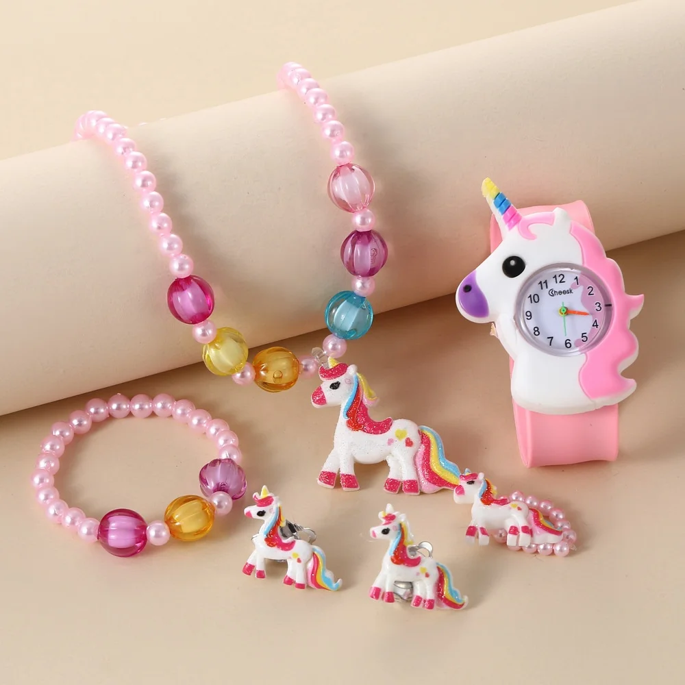 High Quality Unique 6 Piece Gift Set Kid Watch Cute Cartoon Unicorn Slap Band Children Watch Sets Montre Enfant