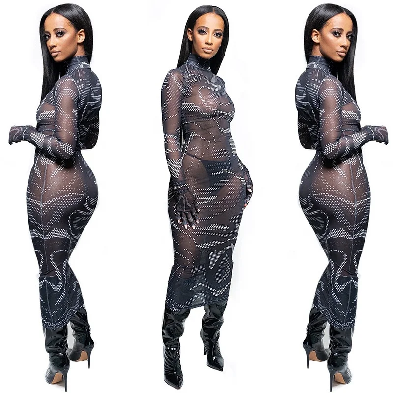 
KX-A20065D In stock summer mesh long sleeve stand dress high waist maxi printed women dresses sexy 