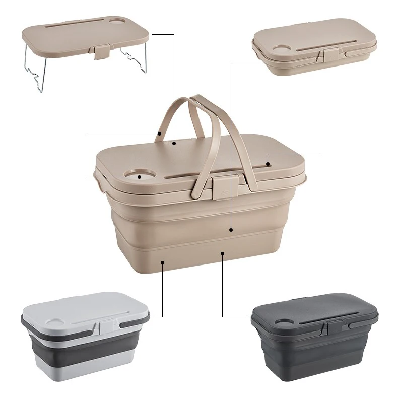 summer plastic foldable picnic basket set with tray table lid for outdoor folding storage basket