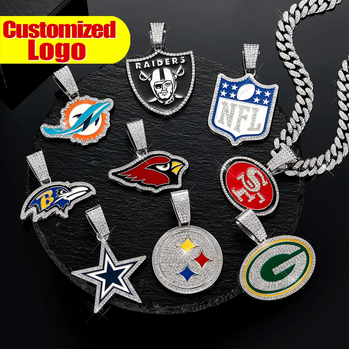Sports Customized LOGO Dripping Oil Pendant Necklace Rugby Ball Pendant Football Team Fans Wearing Cuban Chain Jewelry for Gift