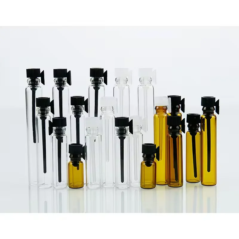 Refillable Mini clear perfume sample 1ml 2ml 3ml glass vial test bottle with plastic black Sticks