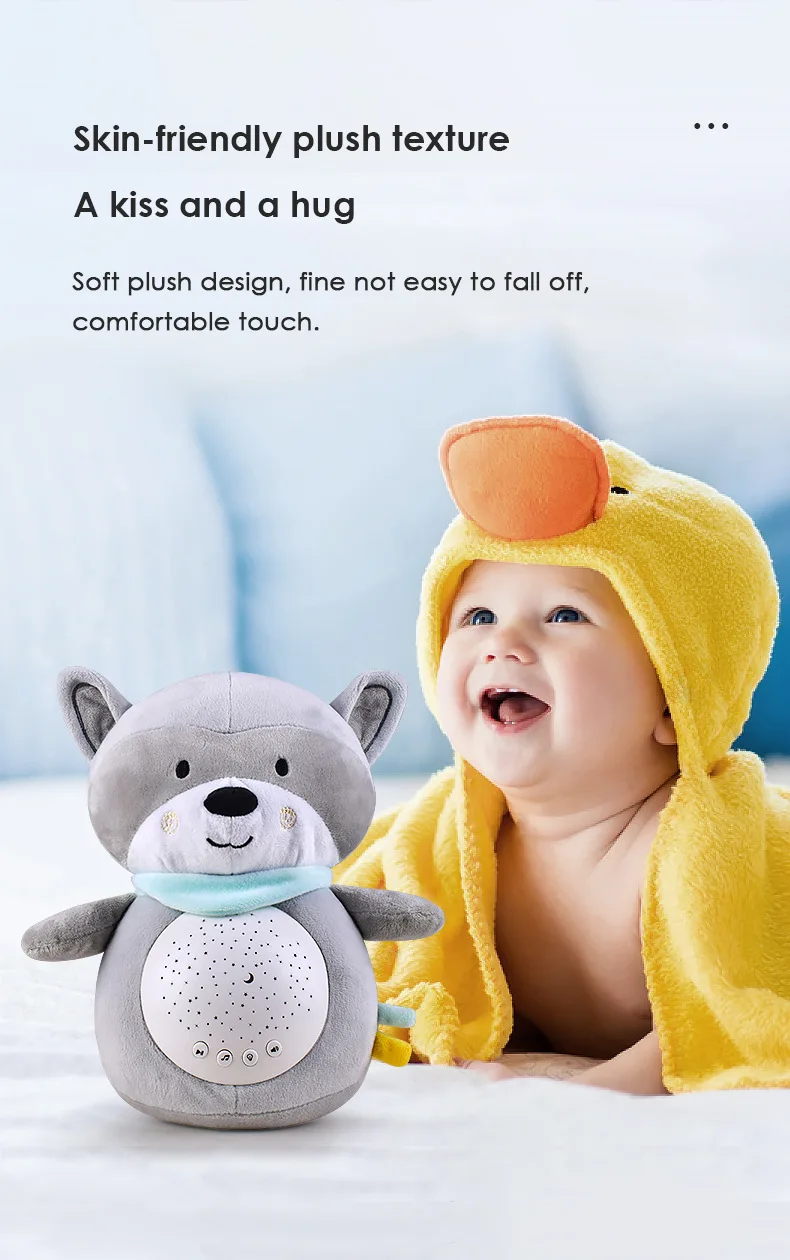 ASTM/CPSIA/EN71 penguin raccoon stuffed animal toys night light plush musical toys sky projection lamp sleeping comfort toys