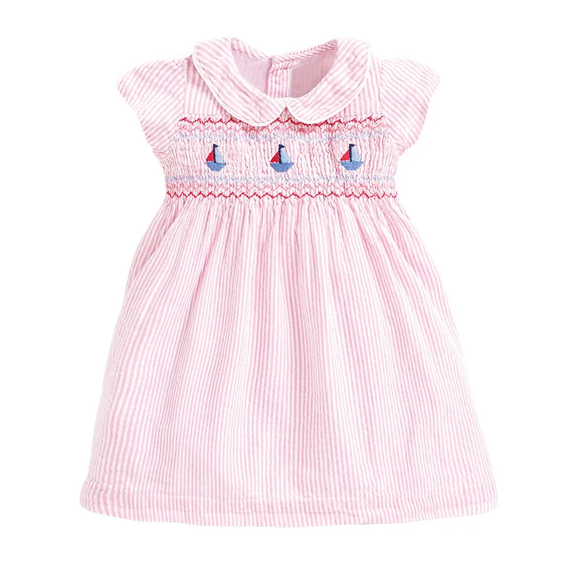 New Fashion Sleeveless Striped Cartoon Sailboat Pattern Princess Girls Smock Dresses Cotton Children Summer Short Sleeve Pink