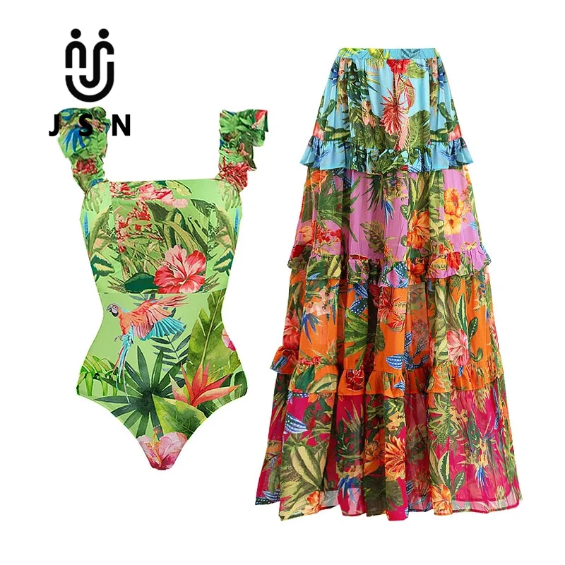 JSN  Swimwear Supplier Sling Ruffle Printed Beachwear One Piece Swimsuit  bath suit and Skirt