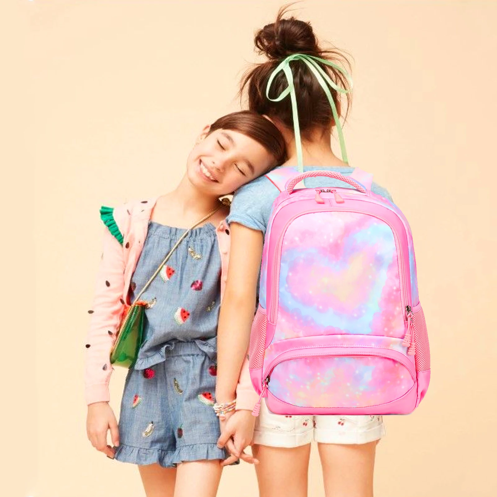 Fashion 3 In 1 Student Backpack Set Pink Purple Heart Pattern Waterproof School Backpack For Teenagers