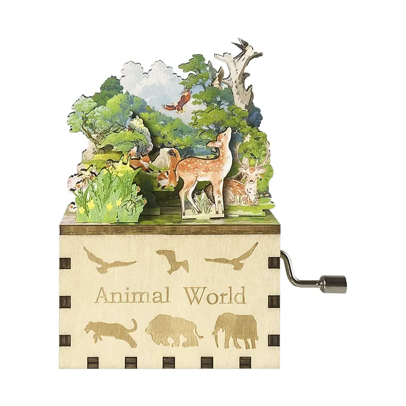 Custom Colorful Music Box Mini Animal World 3D Wooden Puzzle Hand Crank Music Boxes Festival Creative Toy for Kids
