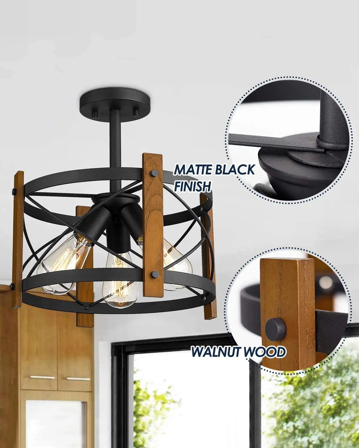 3-Light Farmhouse Semi Flush Mount Ceiling Light,  Walnut Wood, Matte Black Finish