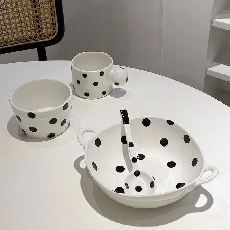 Classic European Ceramic Plate Bowl Black White Wave Dot Design Double Ear One Person Eating Suit Sets House Hold Dinners