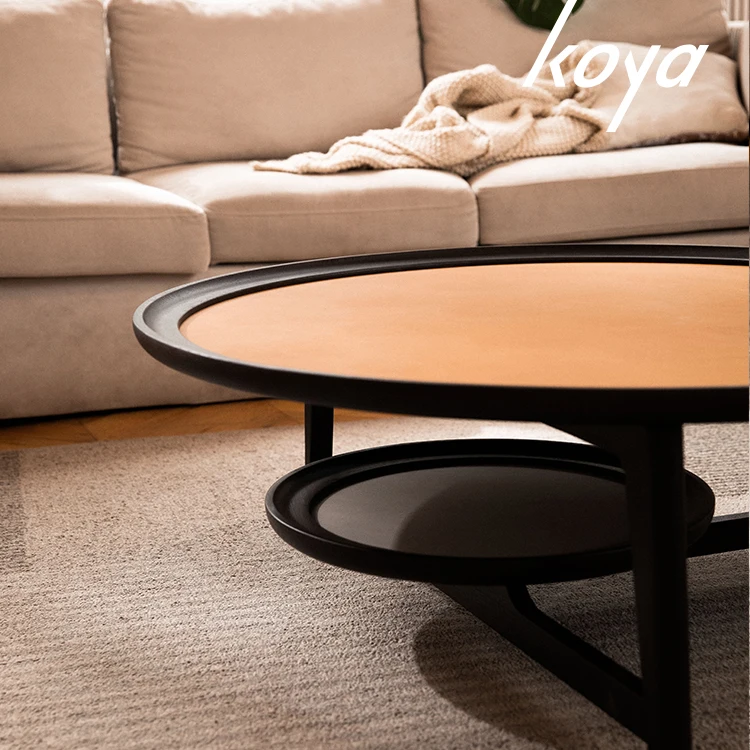 Modern Luxury Nordic Design Living Room Leather Top Wooden Round Center Table Coffee Table