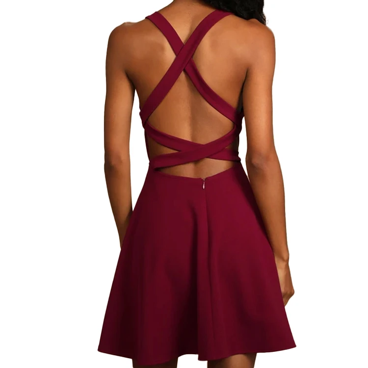 Texture strappy open cutout back deep V neck tee length sexy casual skater dress