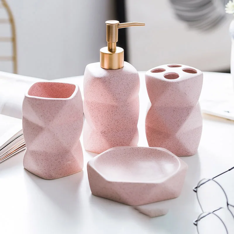 Wholesale Bulk Nordic Matte Pink Hotel Home Bathroom Accessories Set Cheap Ceramic Bathroom Set