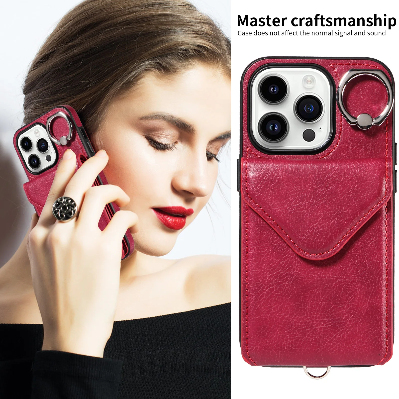 Shockproof Wallet Case with Card Holder Slots Ring Wricst Strap PU Leather case for iPhone 15
