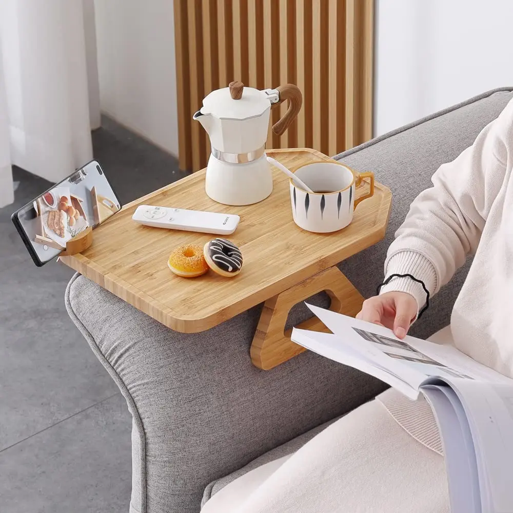 Foldable Couch Cup Holder For Couch Bamboo Couch Arm Tray with Rotating Phone Holder