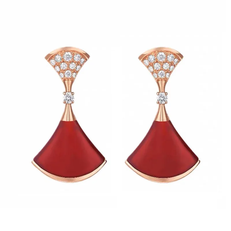 s925 silver red skirt earrings female rose gold white fritillary fan-set diamond christmas earrings