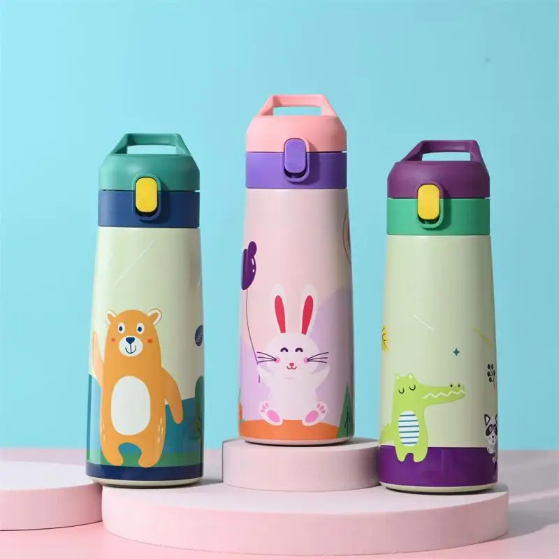 Kids Stainless Steel Straw Thermos Mug With Case Cartoon Leak-Proof Vacuum Flask Children Thermal Water Bottle Thermocup