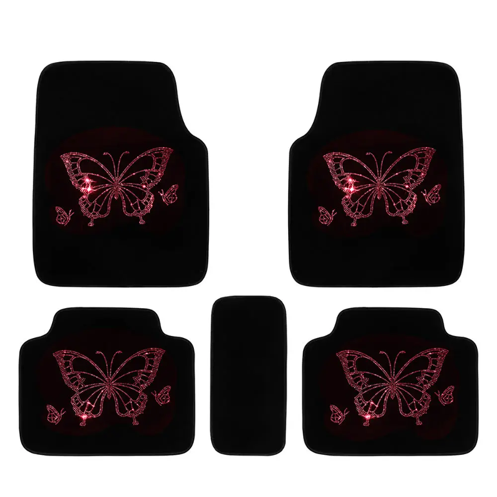 5 PCS Car Floor Mat Leather Bling Butterfly Car Interior Non-slip Floor Cushion Front Rear Carpet for Universal Car