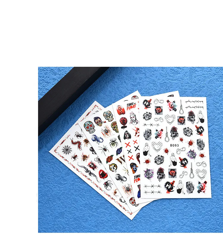 Wholesale 12 Design Halloween Nail Stickers Skull Nail Decals Strap Glue 3D Nail Stickers