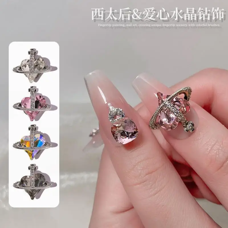 wholesale Nail jewelry saturn heart western empress chrome heart nail rhinestone charms planet western nail art for manicure