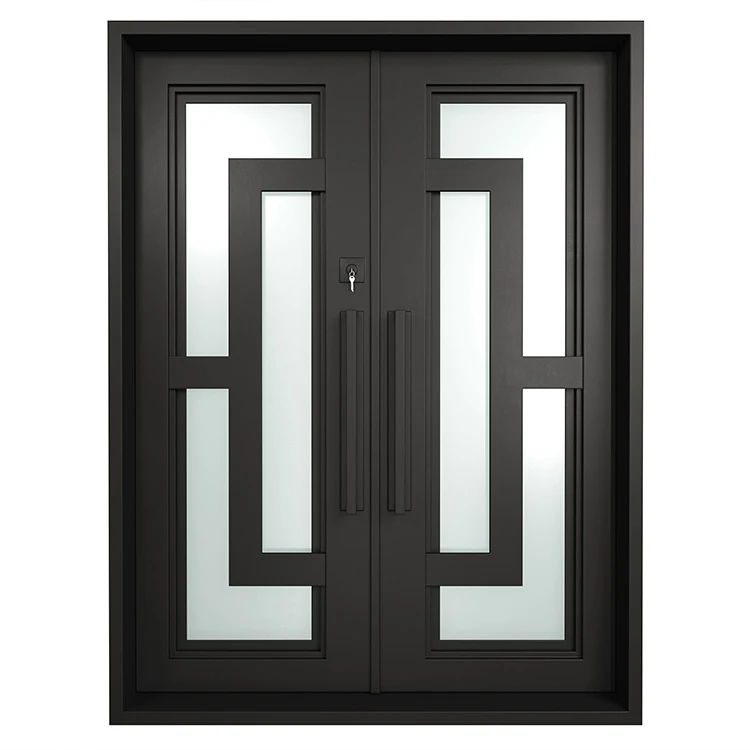Недорогая внешняя простая решетка Prettywood, дизайн с двойным стеклом, главный вход, кованые железные входные двери
