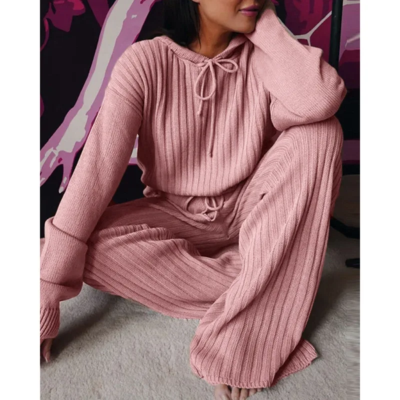 Casual home wear comfortable loose style knitted rib hooded two-piece pants sports suit women