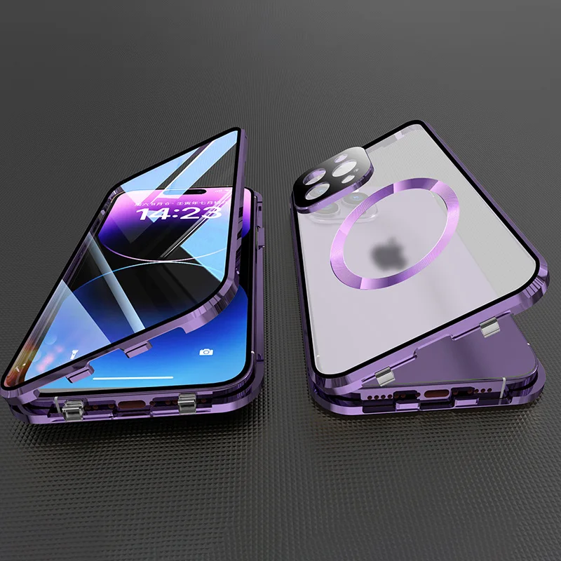 Чехол из закаленного стекла с магнитной 360 для iPhone 15, 14, 13, 12, Pro, Max Plus, с металлической защелкой