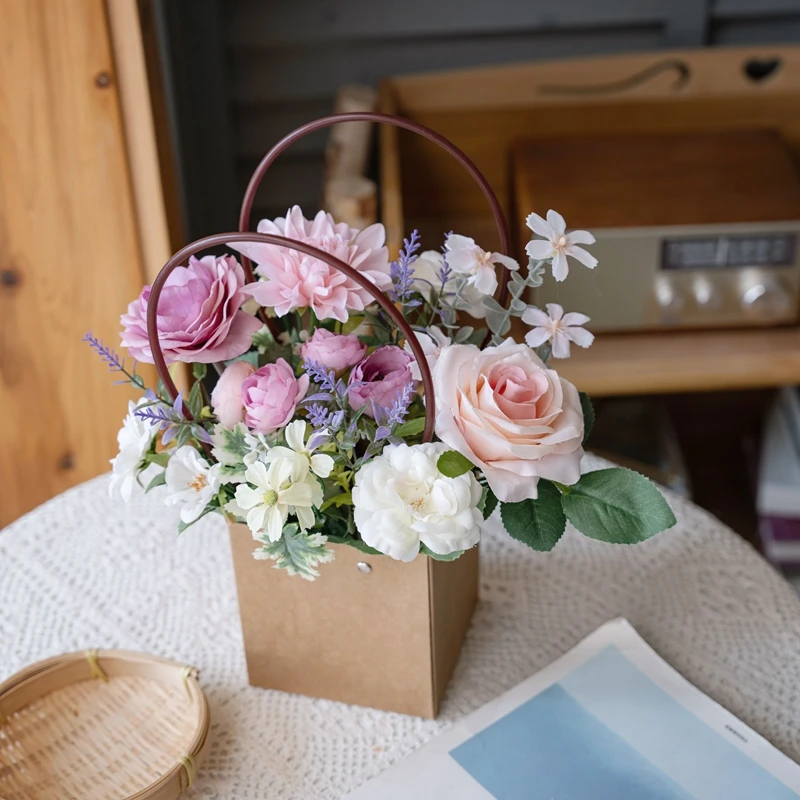 CF01465 Hot Selling Artificial Fabric Rose Silk Dahlia Ranuculus Flowers Plastic Lavender Paper Basket For Present Decoration