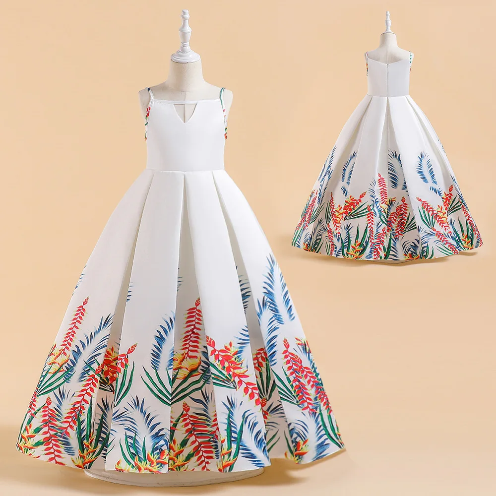 2023 Kids Clothing New Girl Long Dress Satin Dress Little Girl Princess Dress Flower Girl Floral Print Children Summer Ball Gown