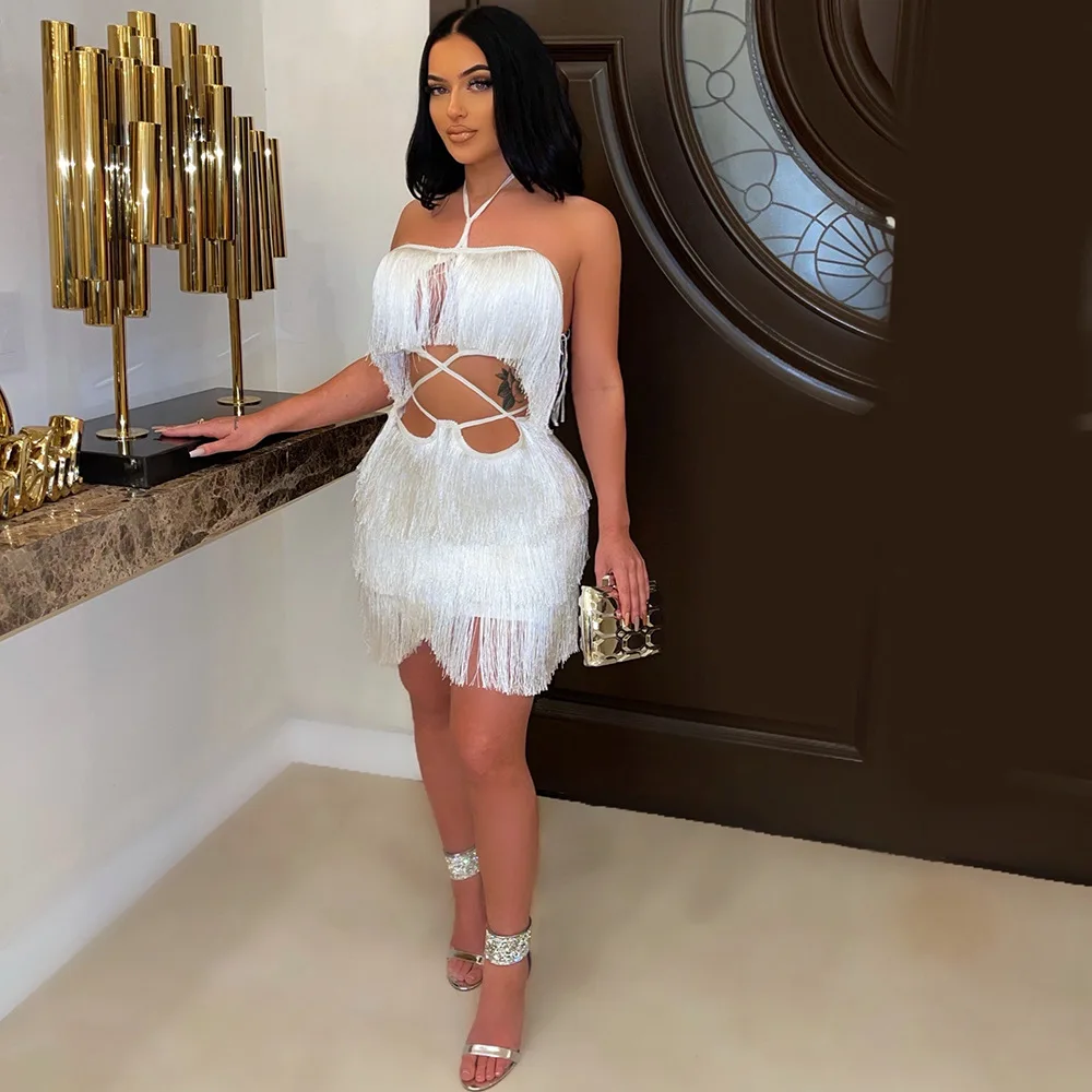 Summer 2022 Sexy Dresses Women Bandage Tassel Hip Wrap Skirt Strapless Hollowed Out Backless Mini Dress