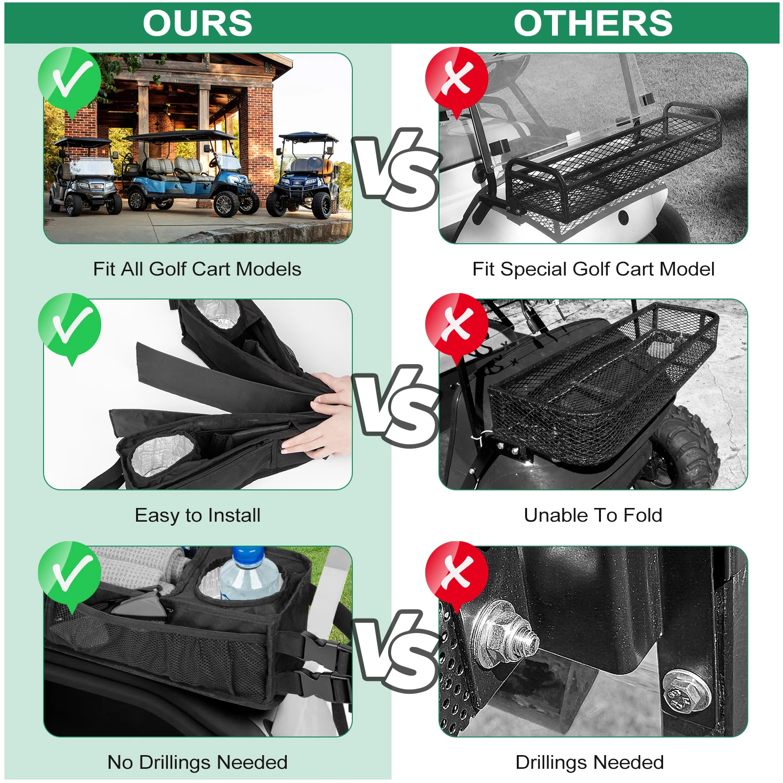 Latest Design Fordable Golf Car Trunk Storage Organizer Nylon Golf Cart Front Storage Basket With Insulated Cup Holders