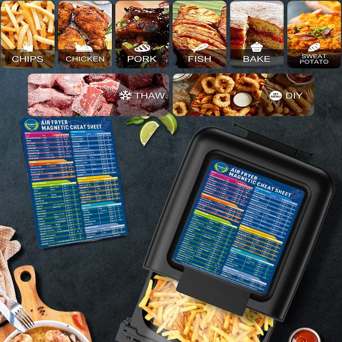 Air Fryer Magnetic Cheat Sheet Set Air Fryer Accessories Cooking Times Chart Air fryer Time Sheet Quick Reference Guide for Cook