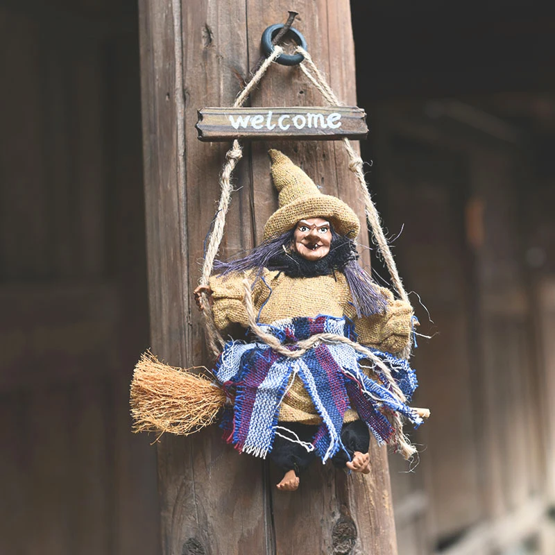 Hot Sale Halloween Pendant Ornaments Ghost Doll Horror Scary Hanging Decoration Flying Witch Broom