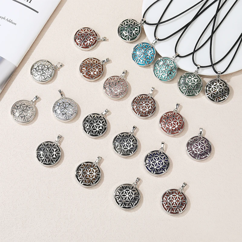 Wholesale Round Stone Openwork Alloy Flower Pendant Healing Crystals Pendants for Necklace Accessories