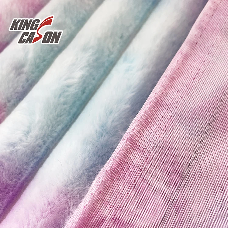 Kingcason Chinese Factory Knit Tie Dyeing Printing Stripe Jacquard Rabbit Faux Fur Fabric For Blanket Cushion Bedding Garments