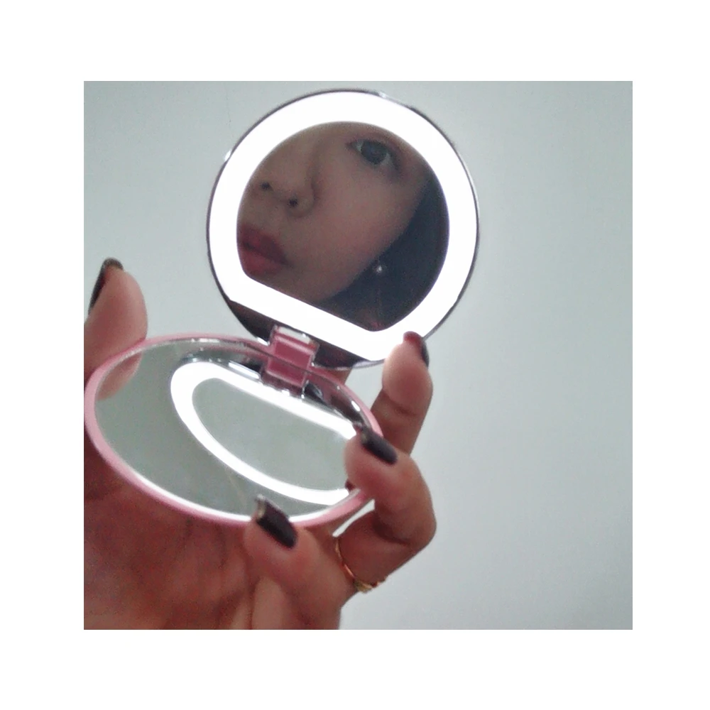 Double-sided LED Lights Small Cosmetic Make up Pocket Mirror USB Charger Color Box Customer Logo Custom Designs Round 75*75*20mm