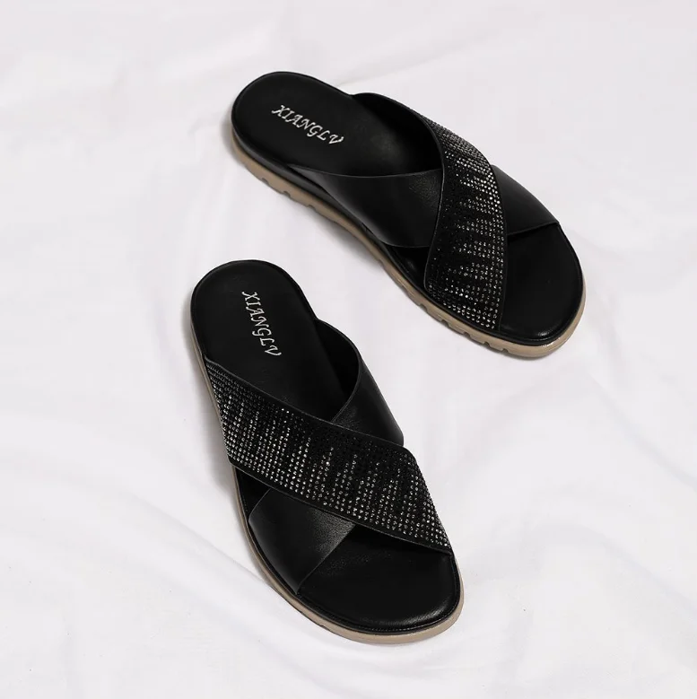 Rhinestone glitter sandals summer new women flat slippers comfortable leather design style ladies shoes