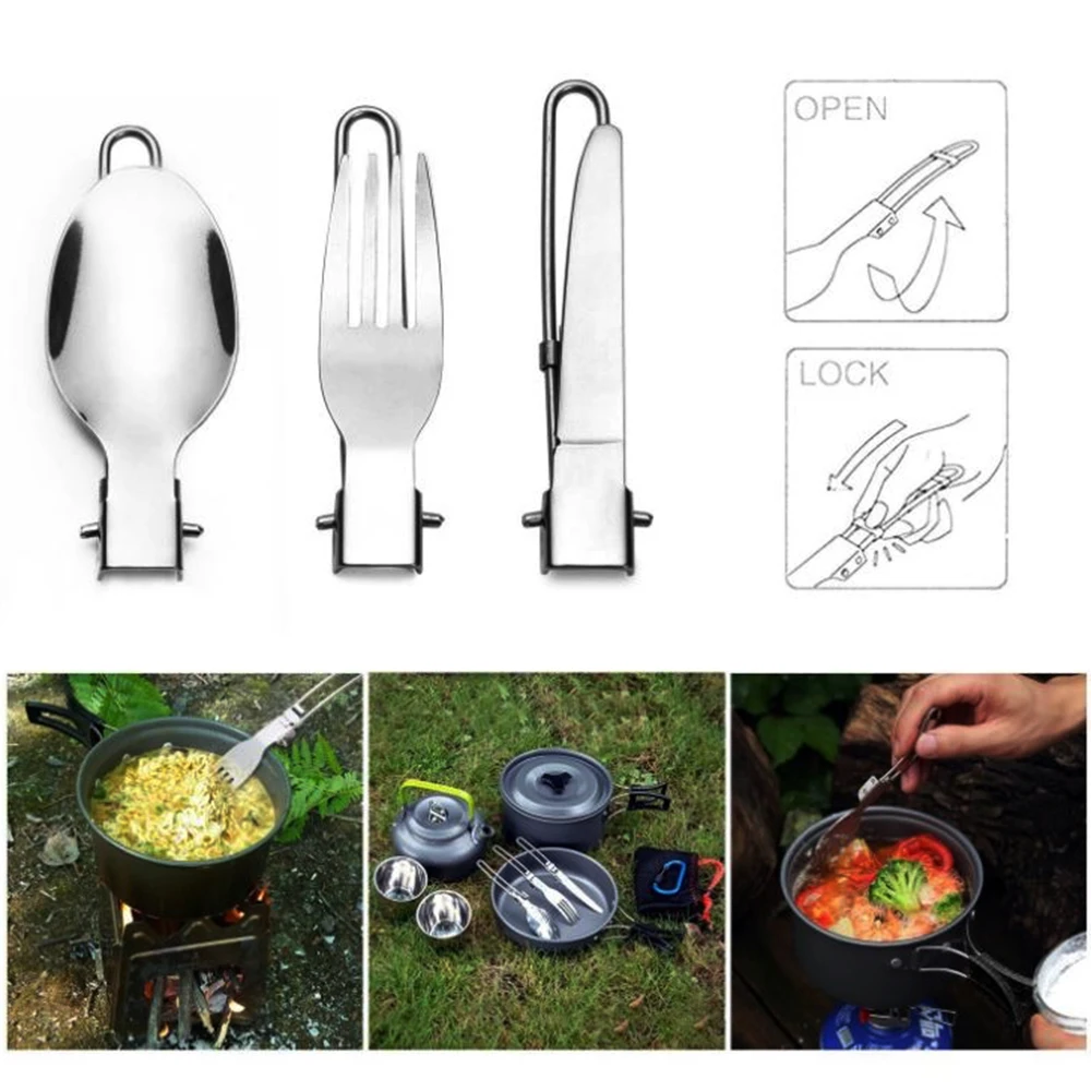 Folding Spoon Fork Knife Set - Portable 3 in 1 Folding Dinner Flatware Utensils , Stainless Steel Cutlery for Camping Picnic