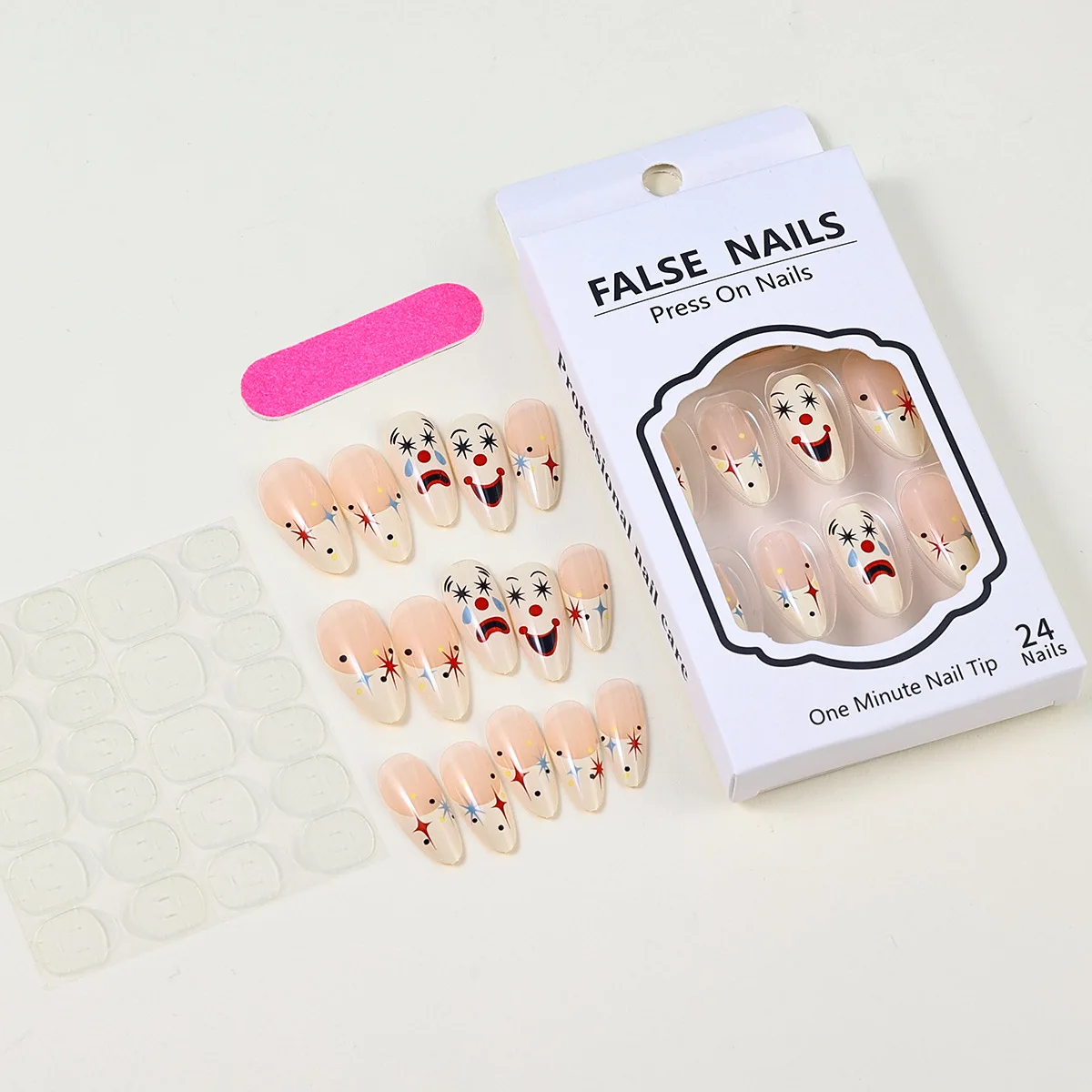 Halloween French Tip Press on Nails Medium Almond Fake Tip with Cute Face Design False Nails Acrylic Nails Stick on Tips