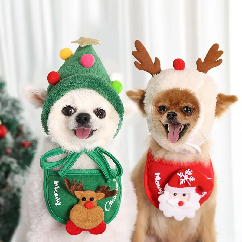 2021 Christmas Pet Accessories Dog Cat Saliva Towel Cotton Triangle Scarf Bandana and Headwear
