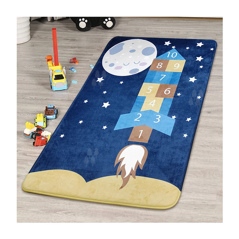 Blue Rocket Game Floor Carpet Classic Hopscotch Rug Kids Play Area Mats with Skid-Proof Backing