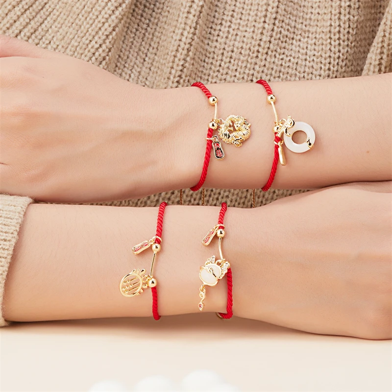 18k Gold Plated Chinese Zodiac Animal Bracelet Red Dragon Rope Braided for Wedding Christian Religious Symbol of Year Dragon