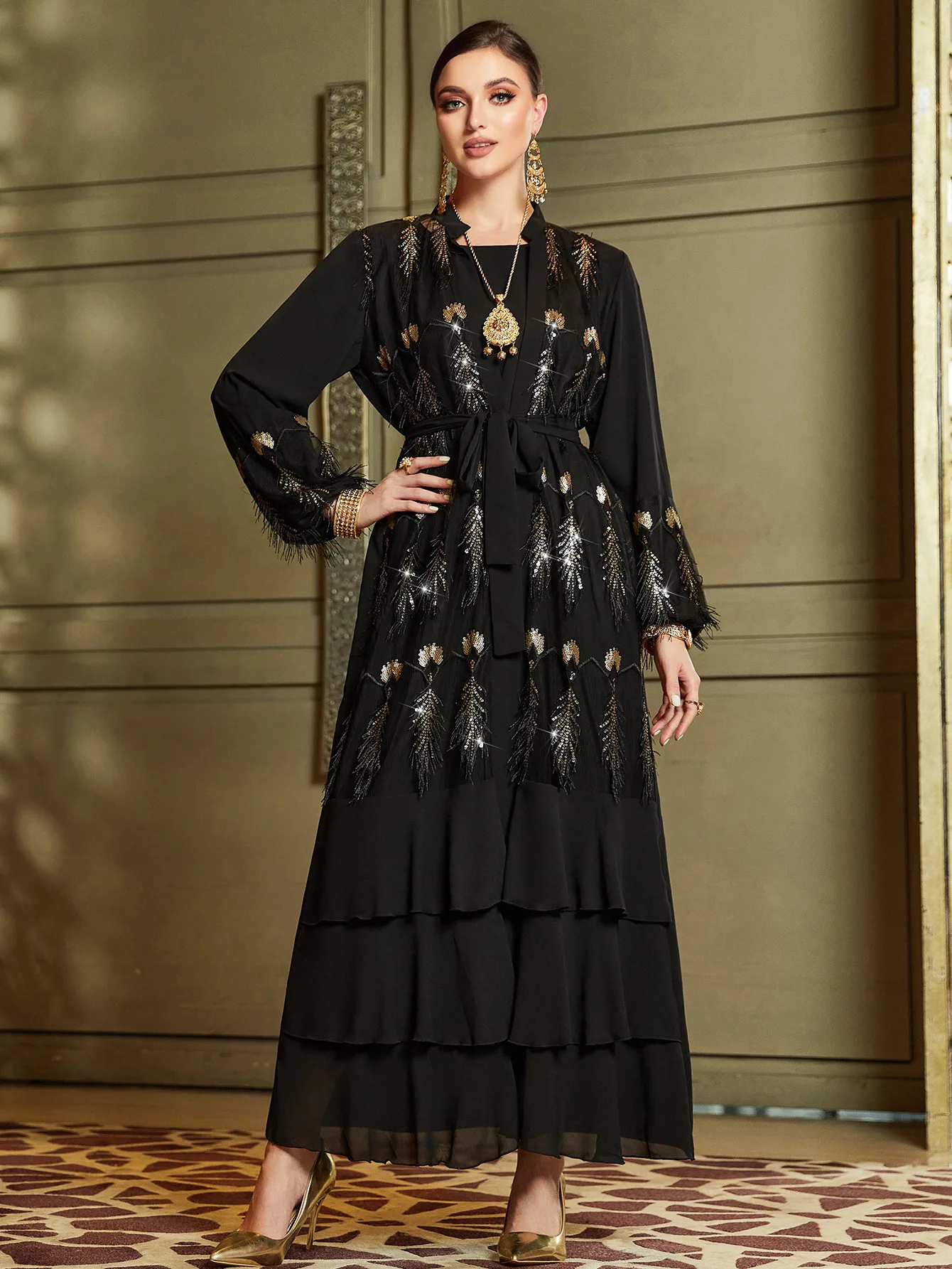 abaya muslim 2024 saudi 2 Pieces Abaya Set Black Shimmer Feather Sequin Cardigan Long Dress Modest East Middle Evening Dress