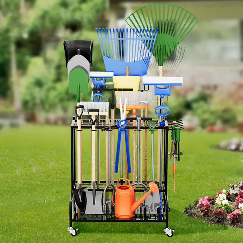 Heavy Duty Garden Tool Organizer Rack with wheel Outdoor Storage cart to 35 Long-Handled Rakes Brooms Stand for Garage Yard Shed