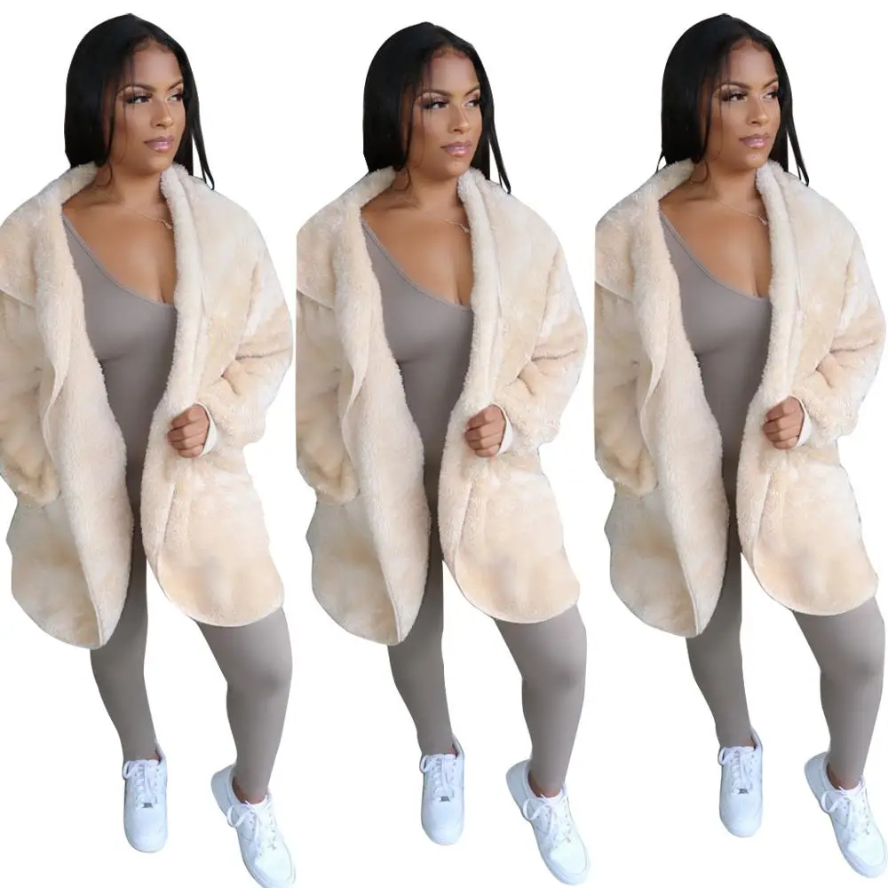 FM-YM8509 Women winter coats synthetic fluff long sleeved pocket hoodie faux fur coat