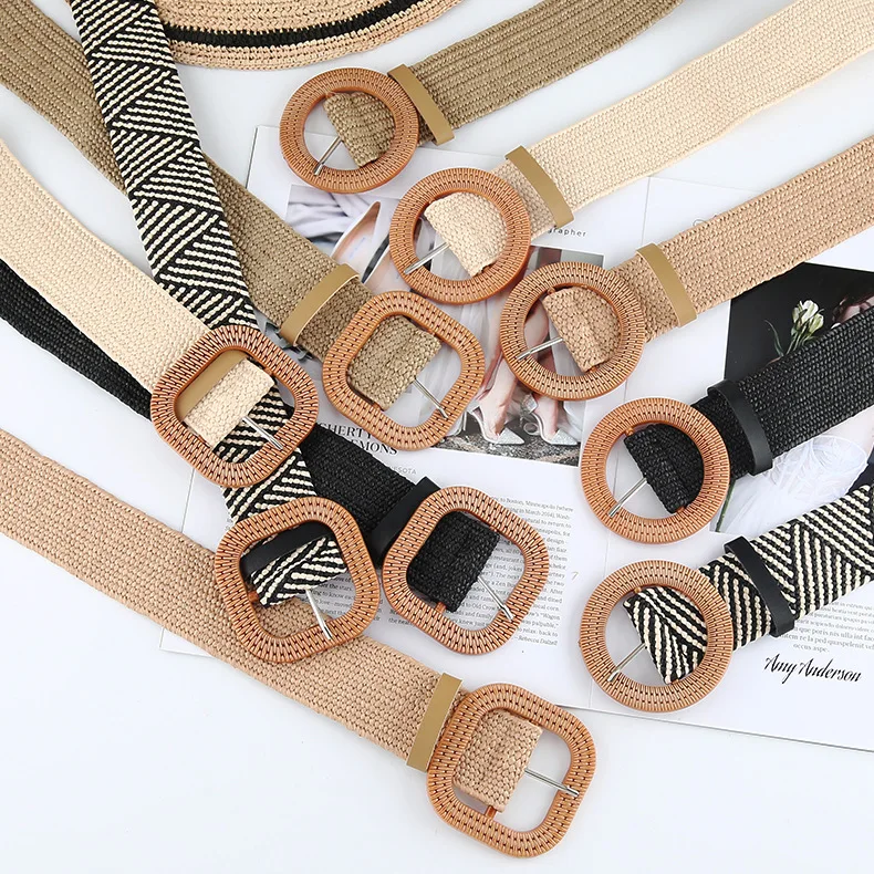 Various Design Women Skinny Dress Stretch Waist Belt PP Straw Woven Elastic Belt With Wooden Round Square Buckle
